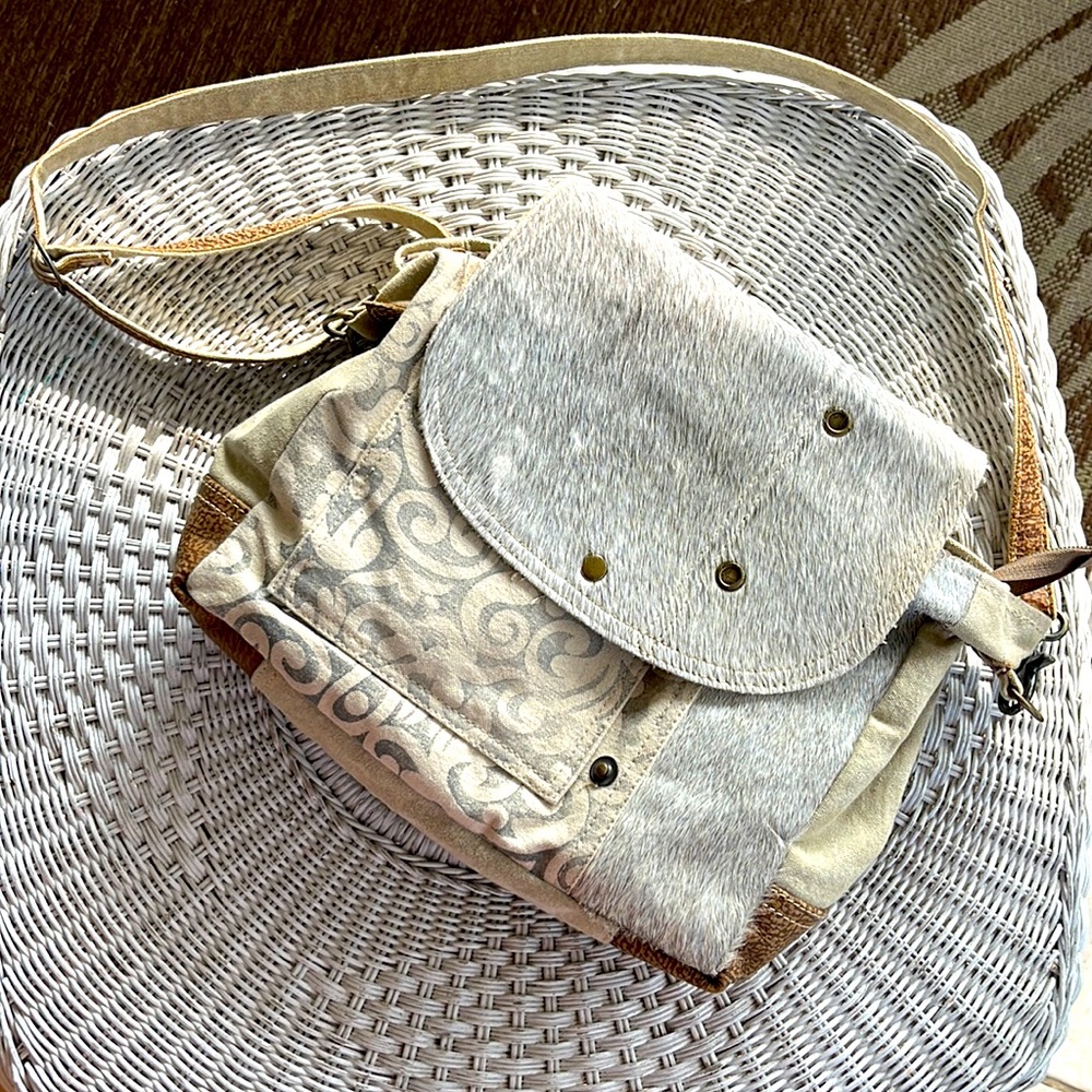 Myra Bag Womens Crossbody Beige Leather Pony Hair Messenger Purse Bohemian